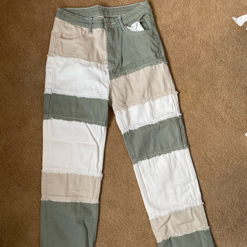 Never worn Patchwork pants. Multi color w/ olive green, white and beige. Size M